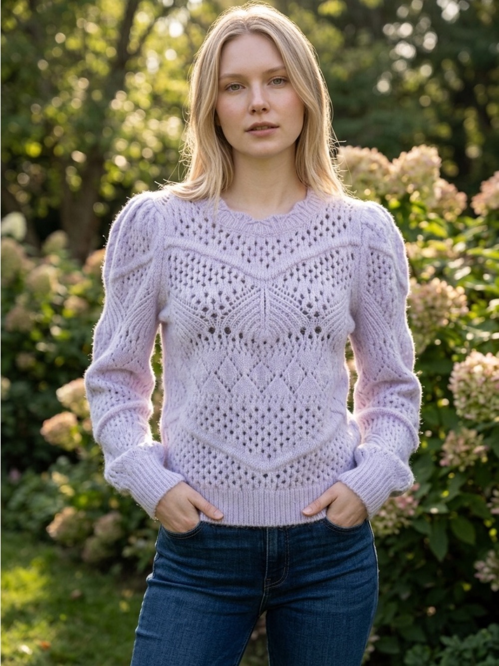 LOFT Women’s XS Lilac Purple Pointelle Open Knit Puff Sleeve Sweater
